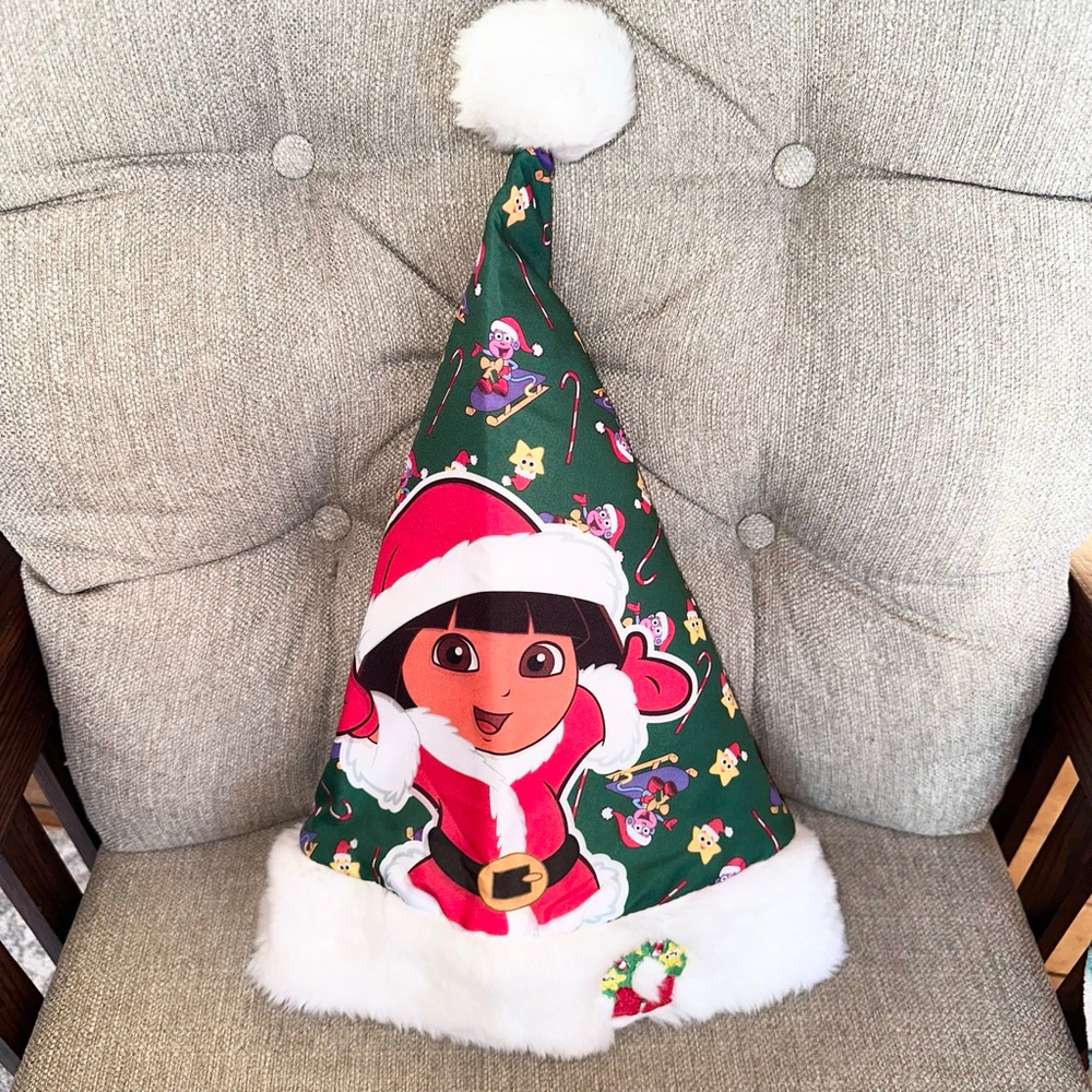 RARE HTF 2008 Nickelodeon Dora The Explorer Faux Fur Adult Santa Hat - Pristine